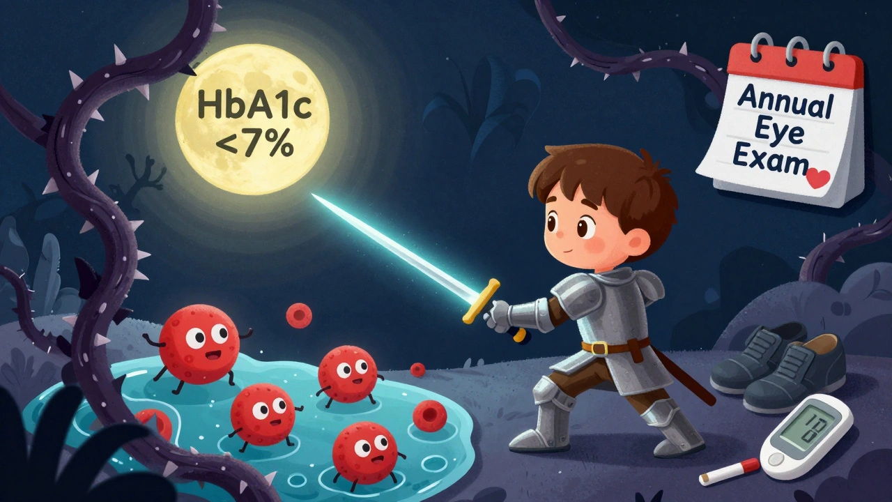 A retina knight battling thorny vines with a laser sword under a glowing HbA1c moon in storybook art.