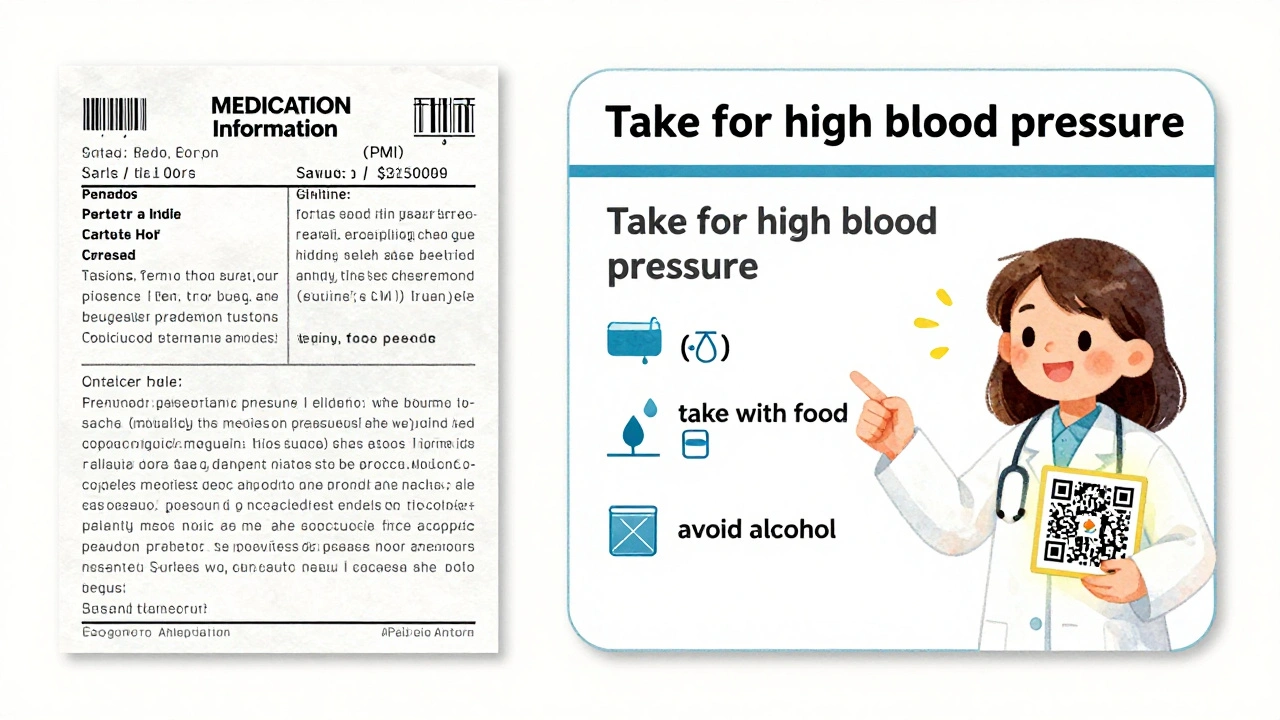 A side-by-side comparison of a confusing prescription label and a clear, simple patient-friendly label with icons and plain language.