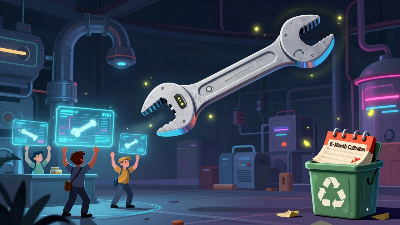 A smart torque wrench with blinking sensors alerts workers in a futuristic factory, as outdated calibration calendars are discarded.