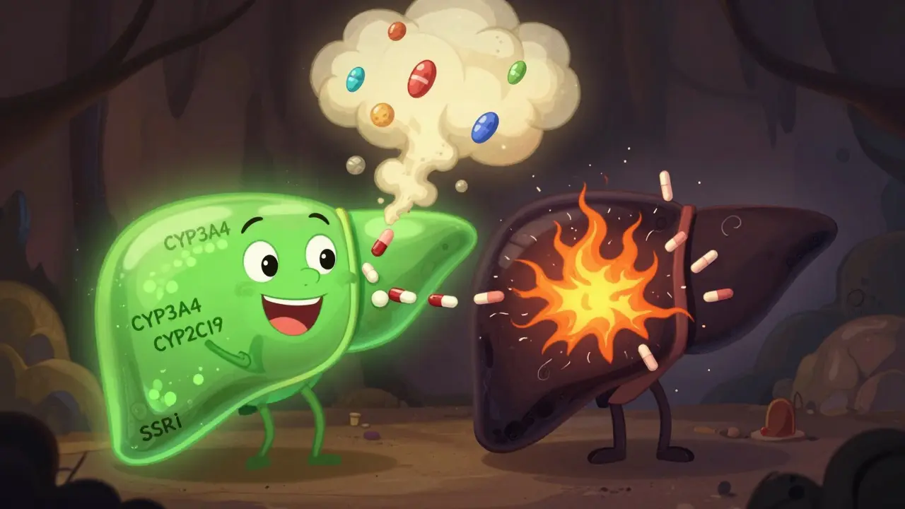 A split liver showing enzymes breaking down an SSRI on one side, while chaos erupts on the other from hyperforin.