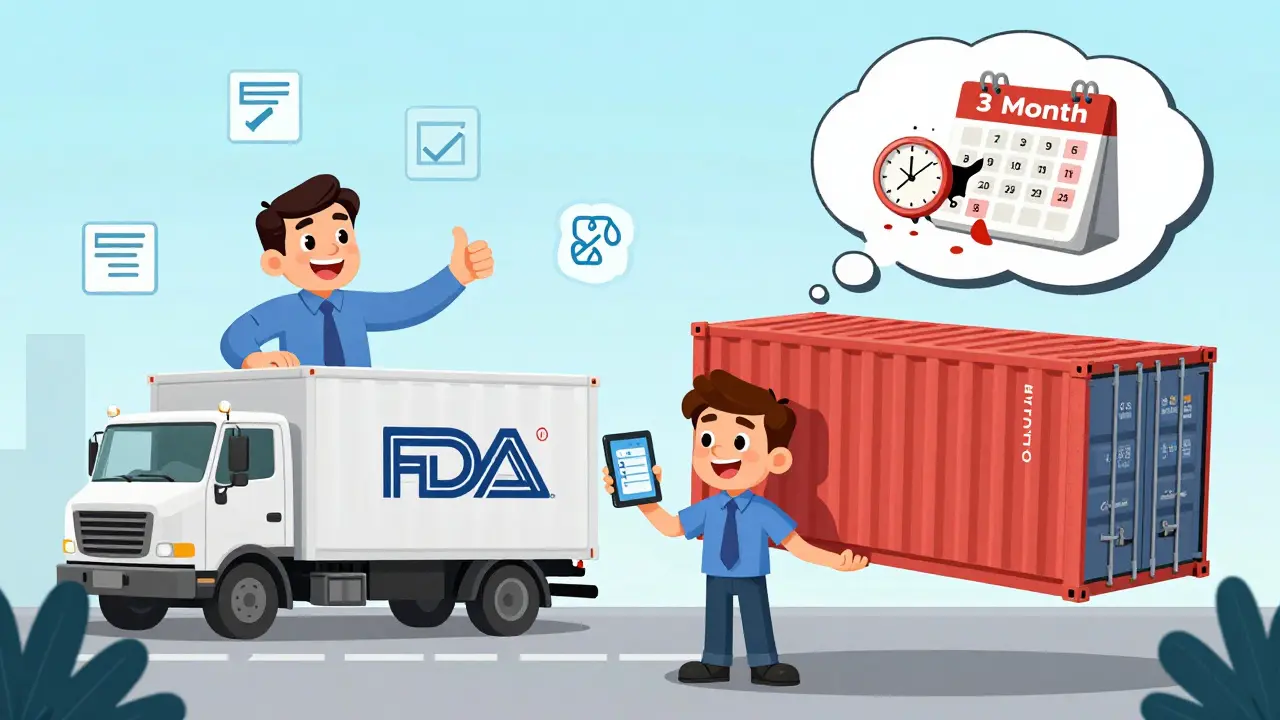 A startup founder comparing a small tablet with a massive overseas shipping container, while a U.S. manufacturer offers fast delivery with a smile.