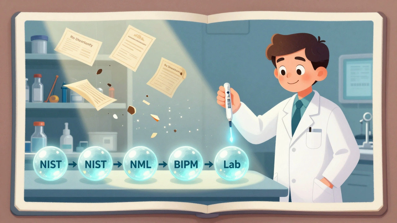 A technician places a thermometer into a glowing chain of traceability orbs, while unmarked tools crumble in the background.