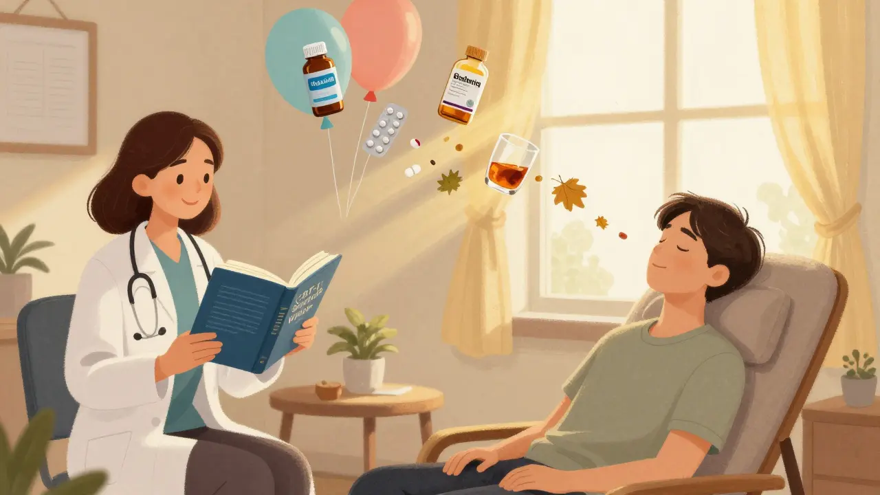 A therapist shows a patient a CBT-I book while melatonin and sedative bottles deflate into leaves in a sunlit room.