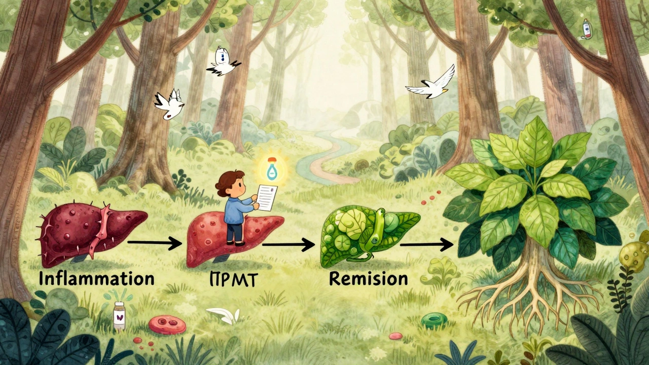 A timeline through a liver forest showing inflammation turning to remission, guided by a TPMT enzyme lantern.
