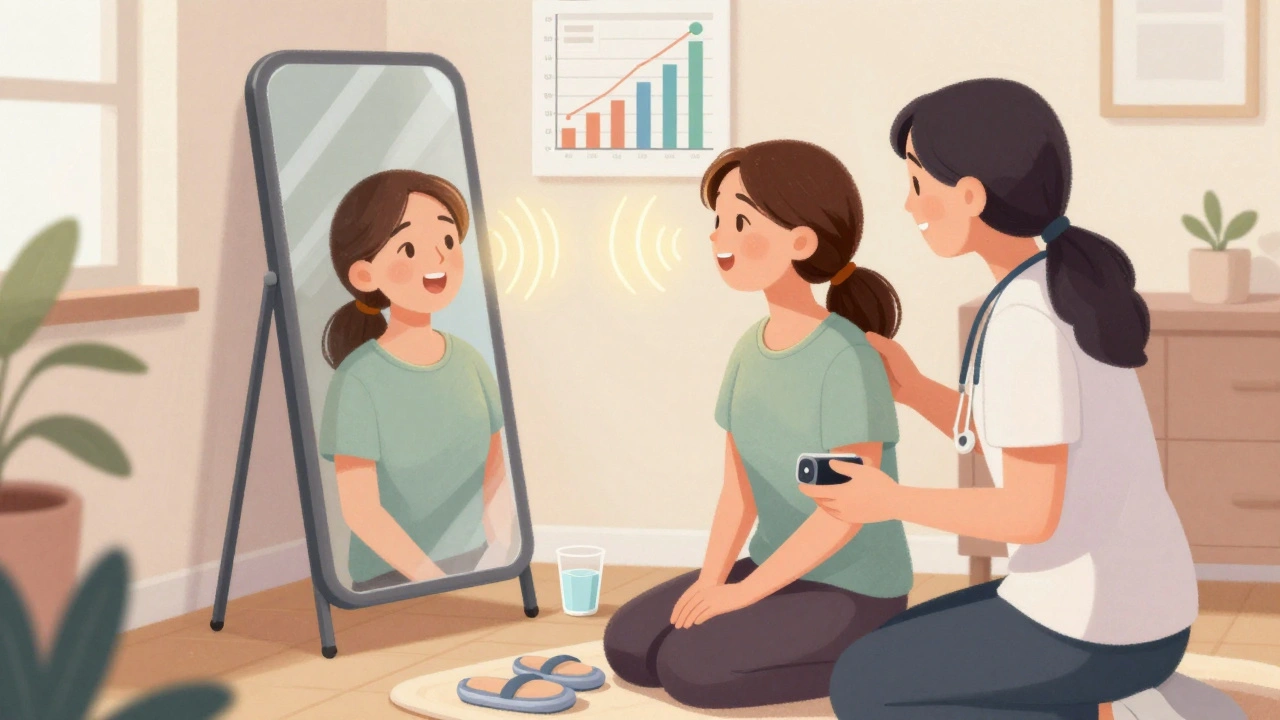 A woman practicing speech therapy with a therapist, golden voice waves glowing softly around her.