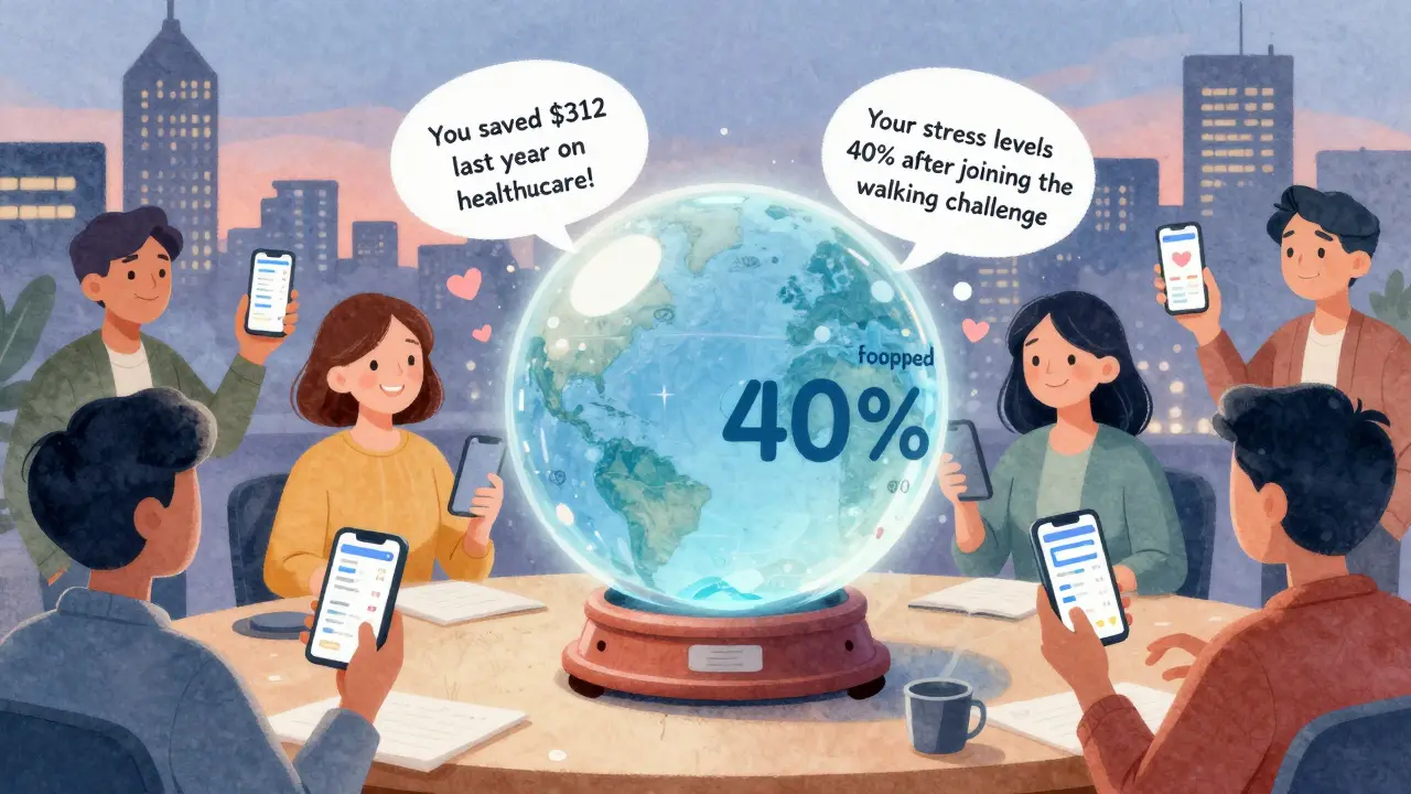 AI crystal ball projects personalized wellness benefits above smiling employees using digital dashboards.