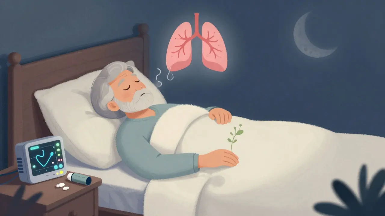 An elderly person sleeps peacefully, atenolol pill and inhaler on nightstand, open lung icons glowing in moonlight.