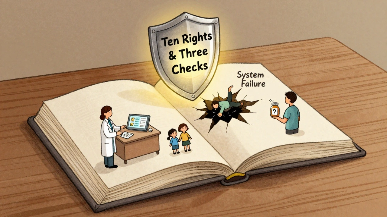 An open book shows scenes of medication safety, protected by a shield labeled &#039;Ten Rights &amp; Three Checks&#039; in storybook art.