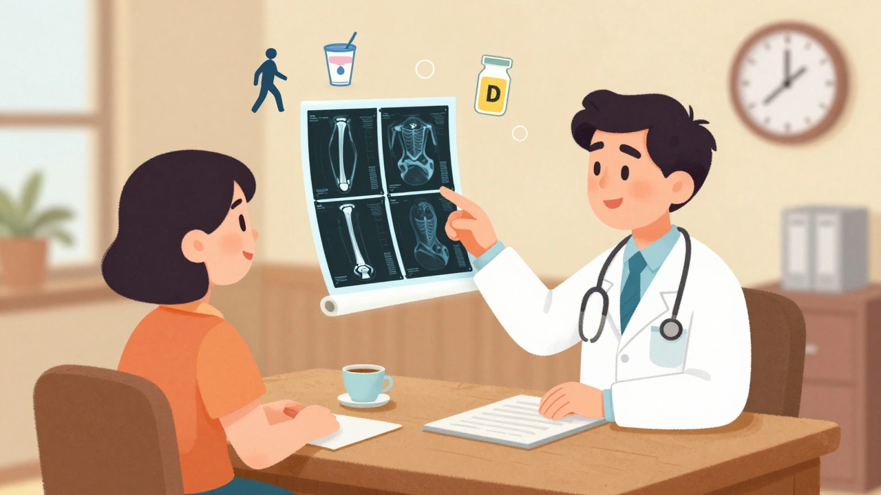 Doctor and patient review bone scan with health icons in cozy clinic, storybook illustration.