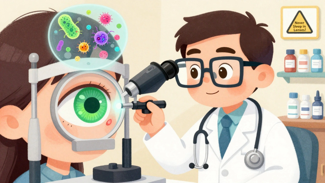 Eye doctor examining a patient&#039;s eye with a slit-lamp, showing a green-stained ulcer and floating bacteria.