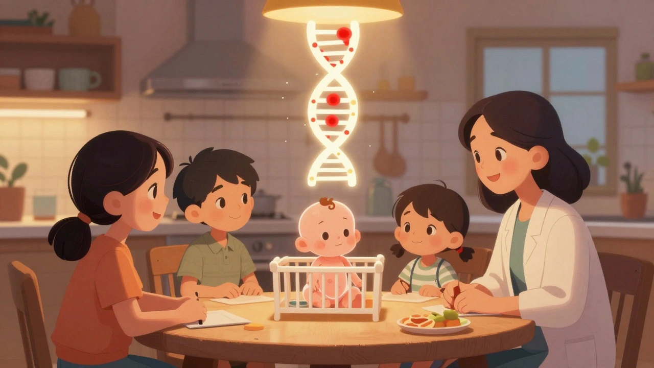 Family gathers around a glowing DNA helix showing mutated and healthy genes, baby with cysts in crib.