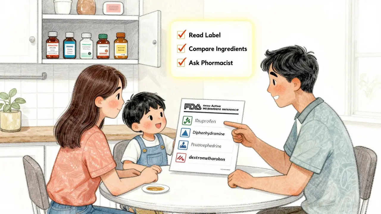 Family studying a chart of five key OTC medicine ingredients at the kitchen table.