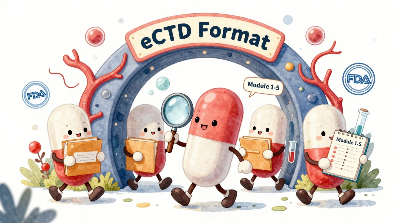 Friendly pill characters walk through a portal labeled eCTD, carrying data folders and test tubes in a whimsical lab setting.