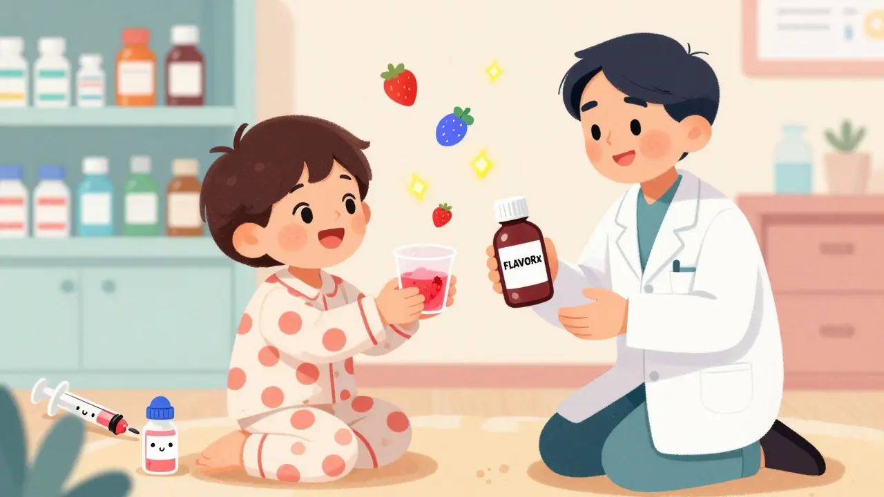 Happy child drinking strawberry-flavored medicine with smiling pharmacist