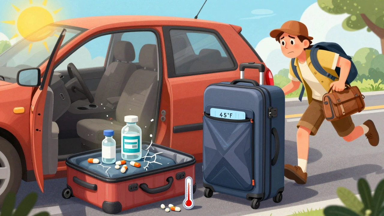 Melting pills in a hot car versus properly stored meds in a cooling wallet during travel.