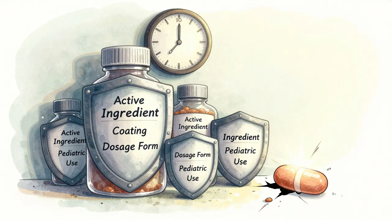 Multiple patent shields protect a drug bottle, with one generic pill peeking through as the clock ticks beyond 20 years.