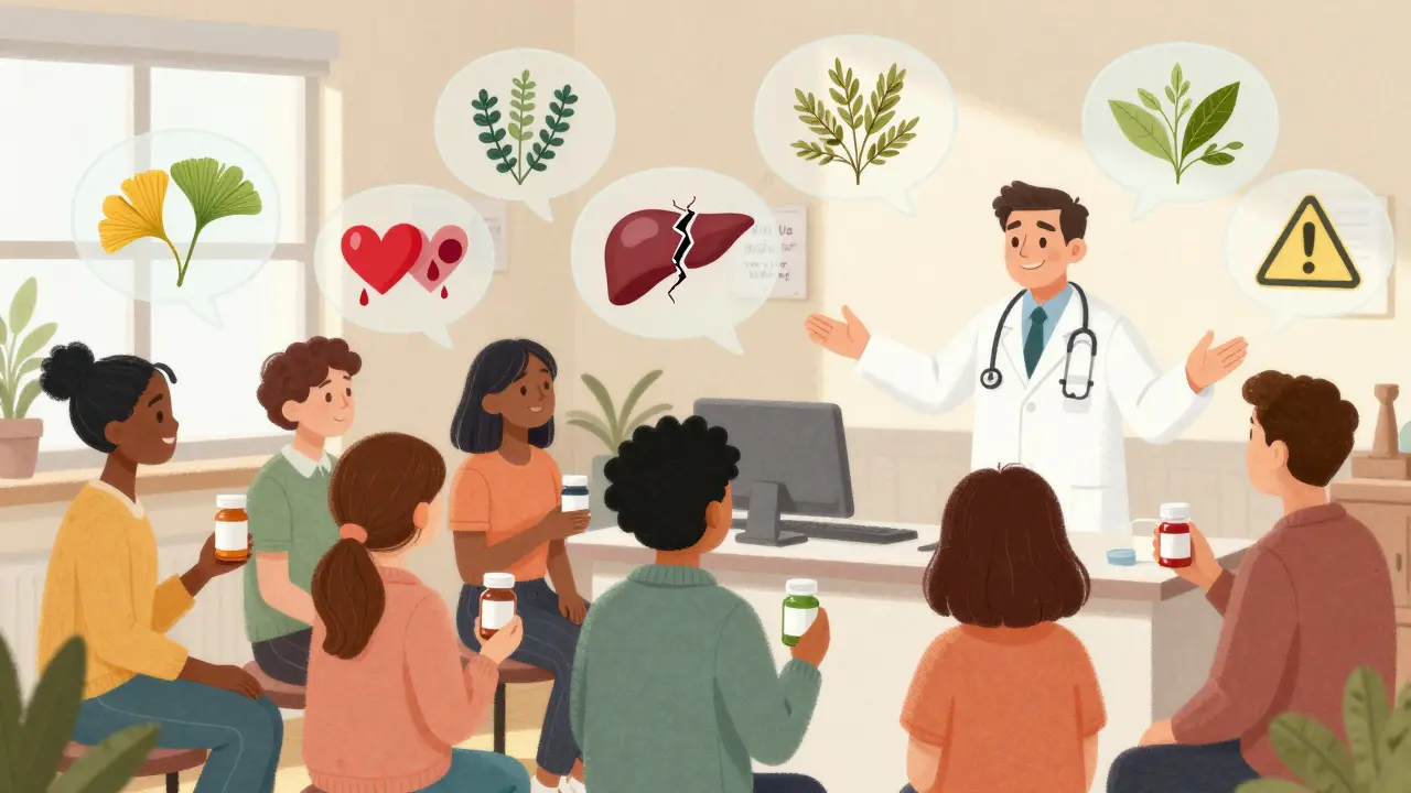 Patients in a doctor’s office share their supplements, with warning symbols floating above them.