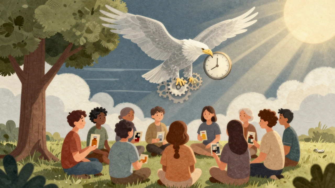 Patients sit under a tree holding old drug photos as an eagle with a clock breaks through dark clouds.