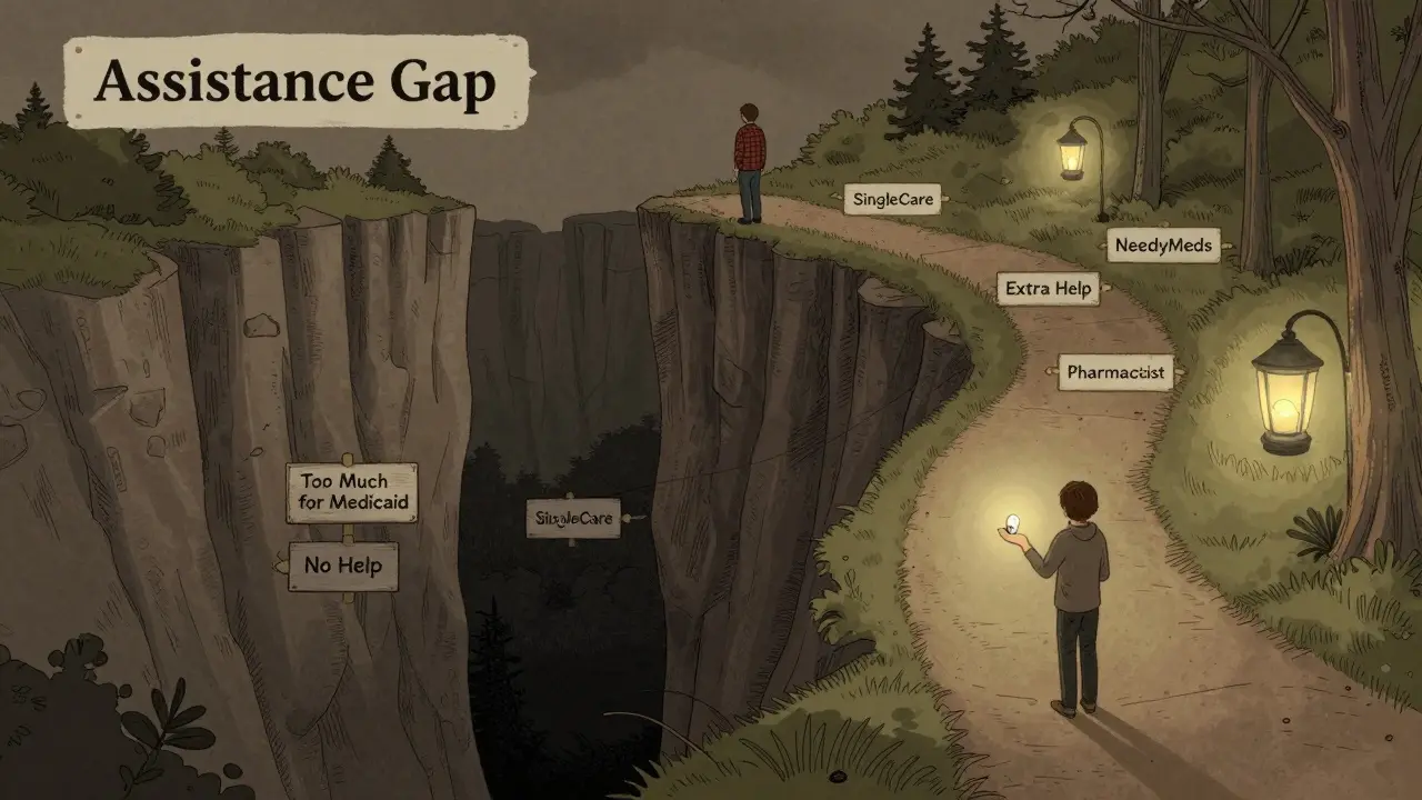 Person standing at a cliff labeled 'Assistance Gap', with paths to help on one side.