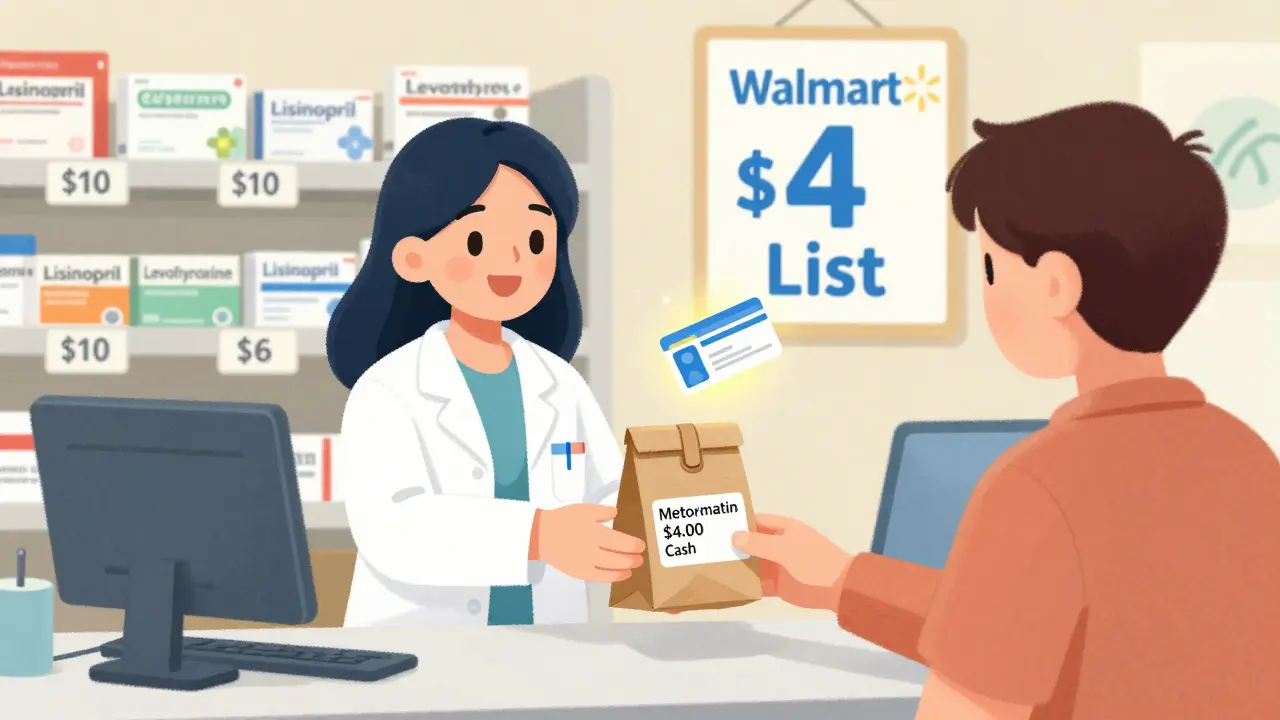 Pharmacist handing a low-cost generic prescription to a customer with discount card visible.