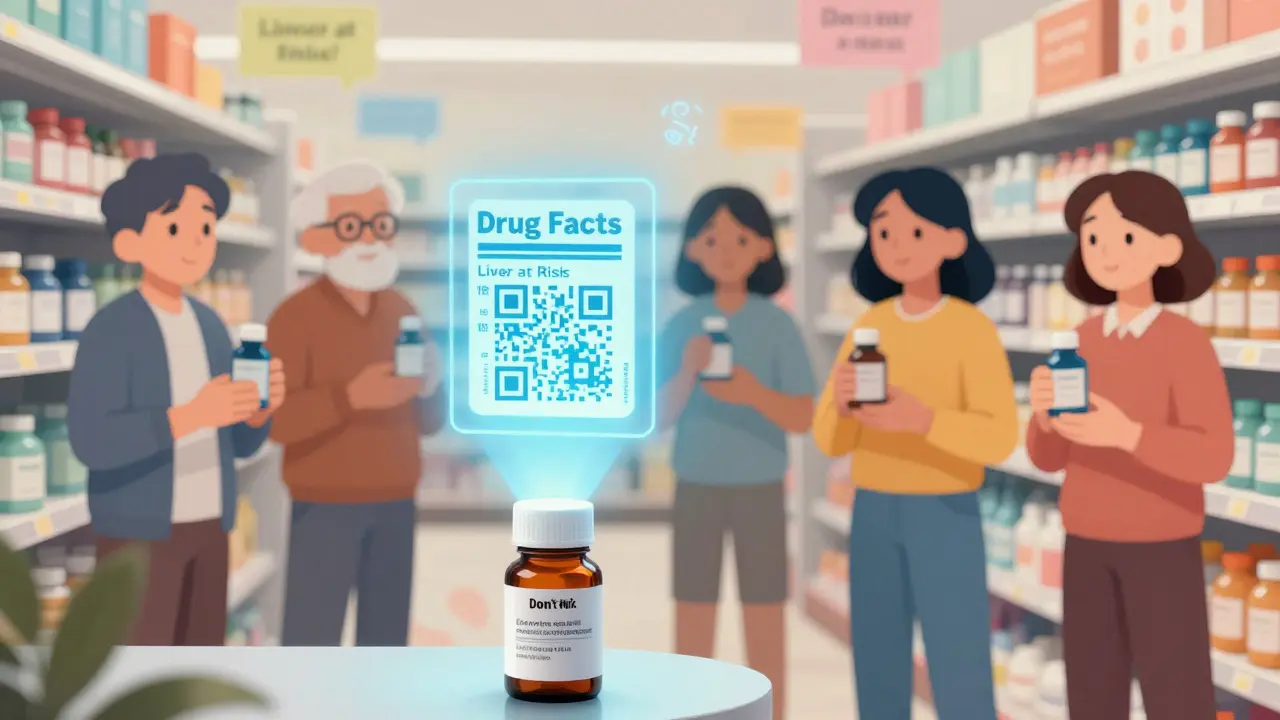 QR code projecting digital drug facts label above a medicine bottle on a store shelf.
