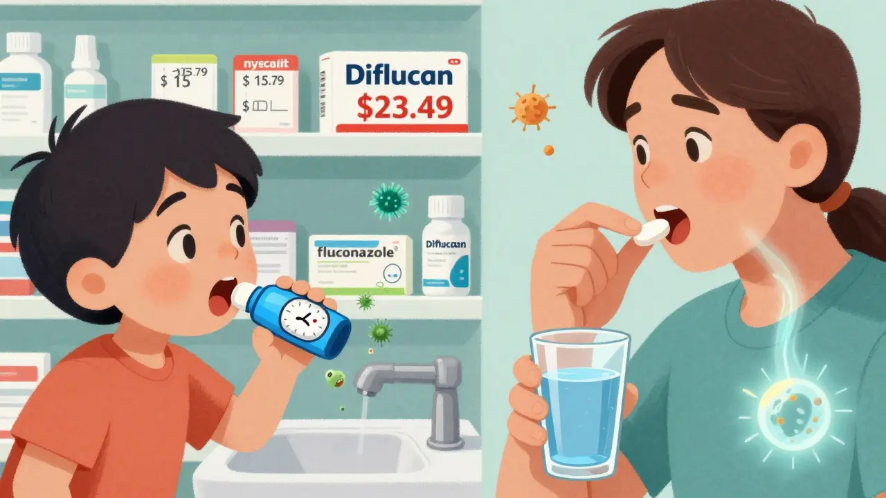 Side-by-side scenes: child swishing nystatin liquid and adult swallowing fluconazole pill, with price tags and warning labels.