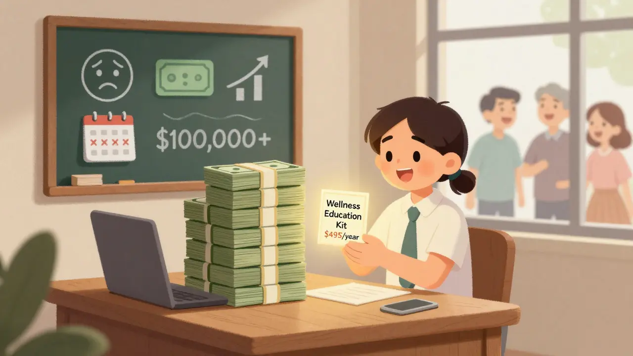 Small business owner holds a low-cost wellness kit next to a large stack of money representing employee turnover costs.