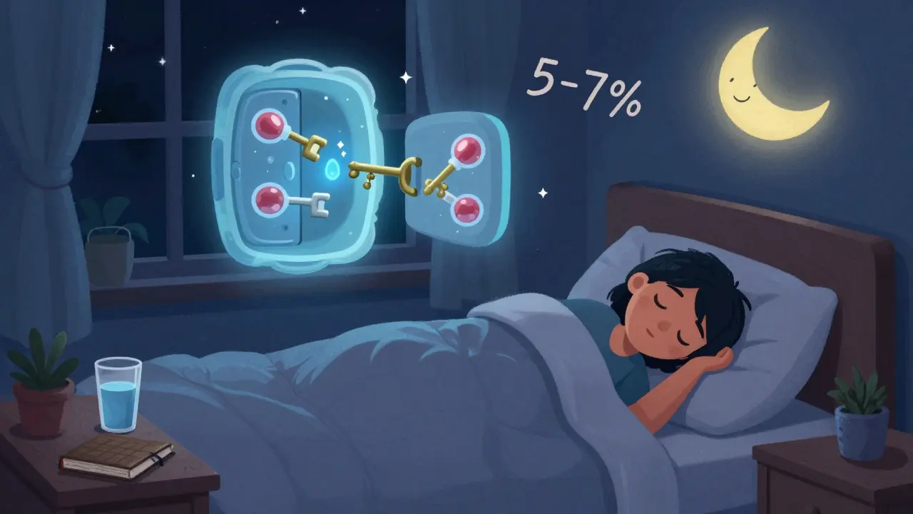 Someone sleeping peacefully as insulin molecules unlock cells, with healthy habits nearby.