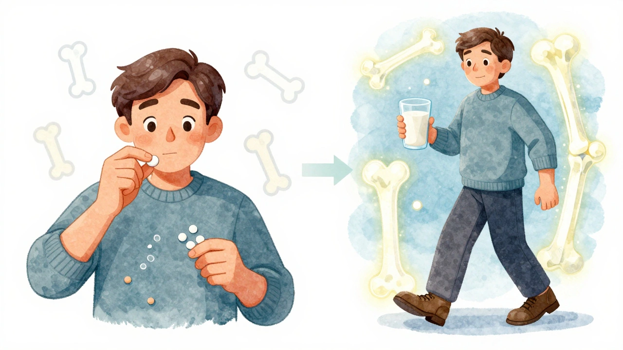 Split scene: calcium carbonate fails vs. calcium citrate strengthens bones in storybook art.