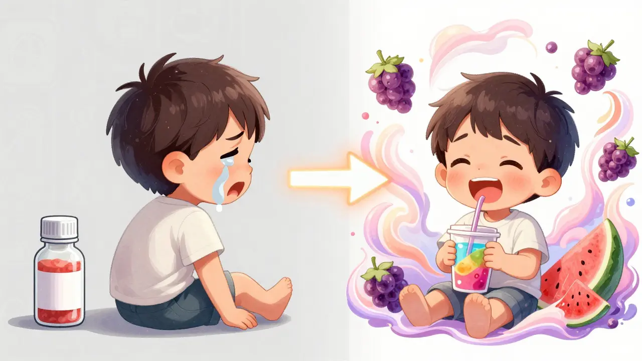 Split scene: child crying over bitter medicine vs. laughing with flavored version