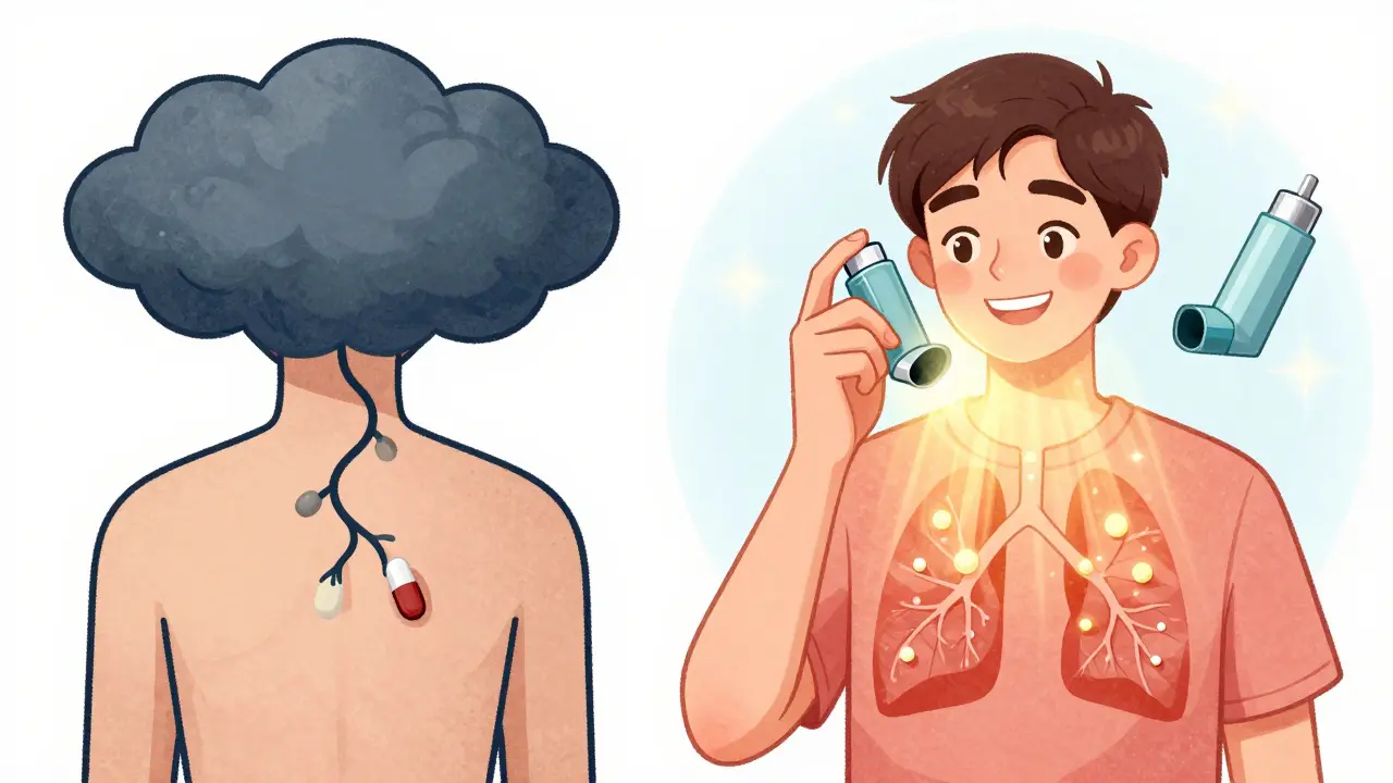 Split scene: one person's airways closing with dangerous pills, another's opening safely with atenolol and inhaler.