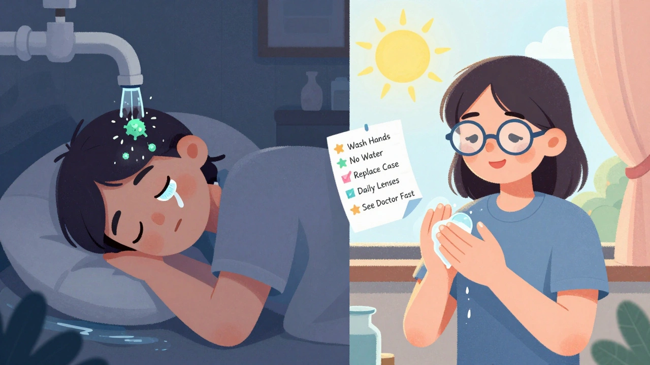 Split scene: risky contact lens use vs. safe habits, with a checklist and sunlit peaceful outcome.