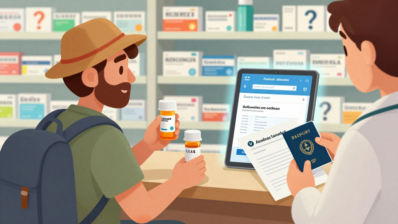 Traveler in foreign pharmacy comparing U.S. prescription with local medication, aided by translated doctor’s letter.
