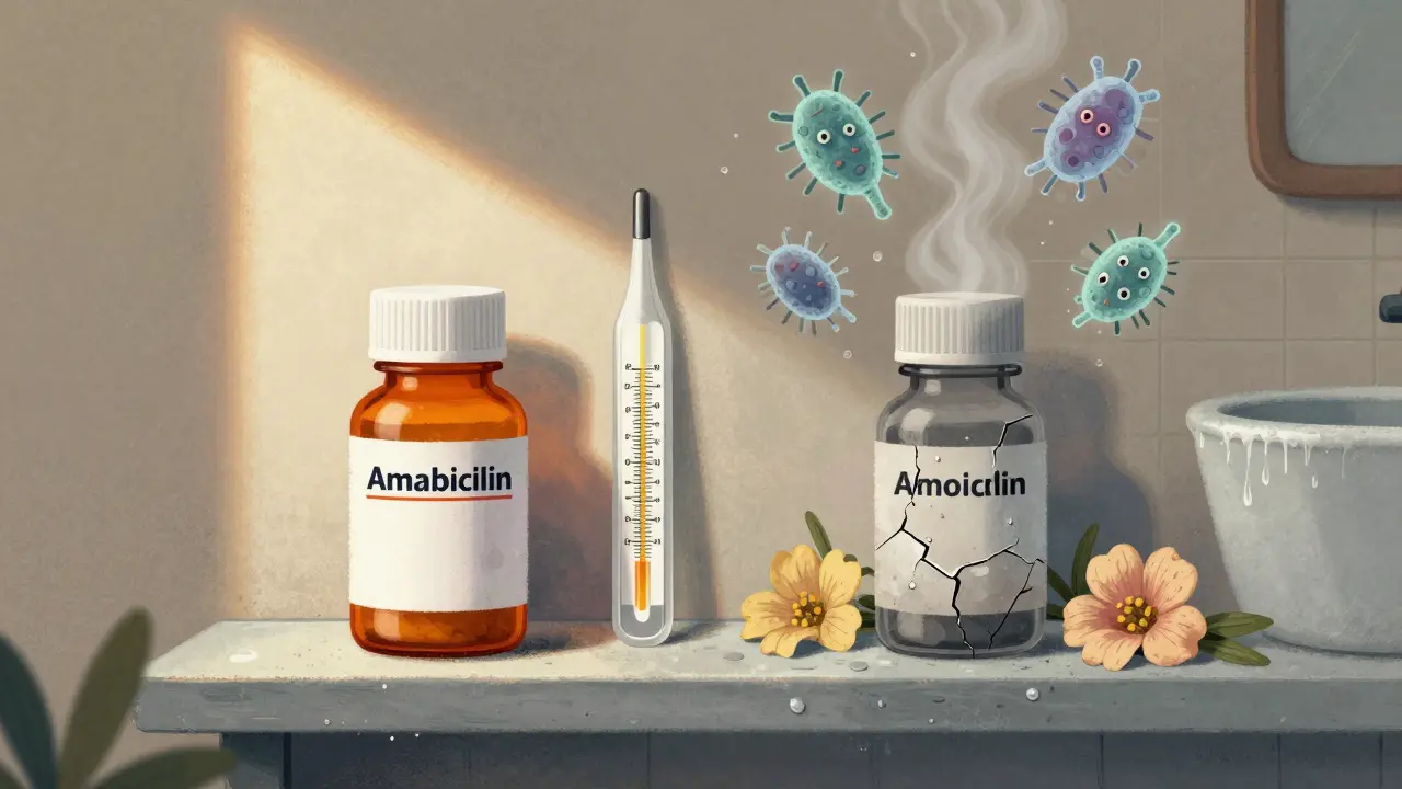 Two amoxicillin bottles side by side: one stored properly, one degraded in a humid bathroom, with evolving superbugs above.
