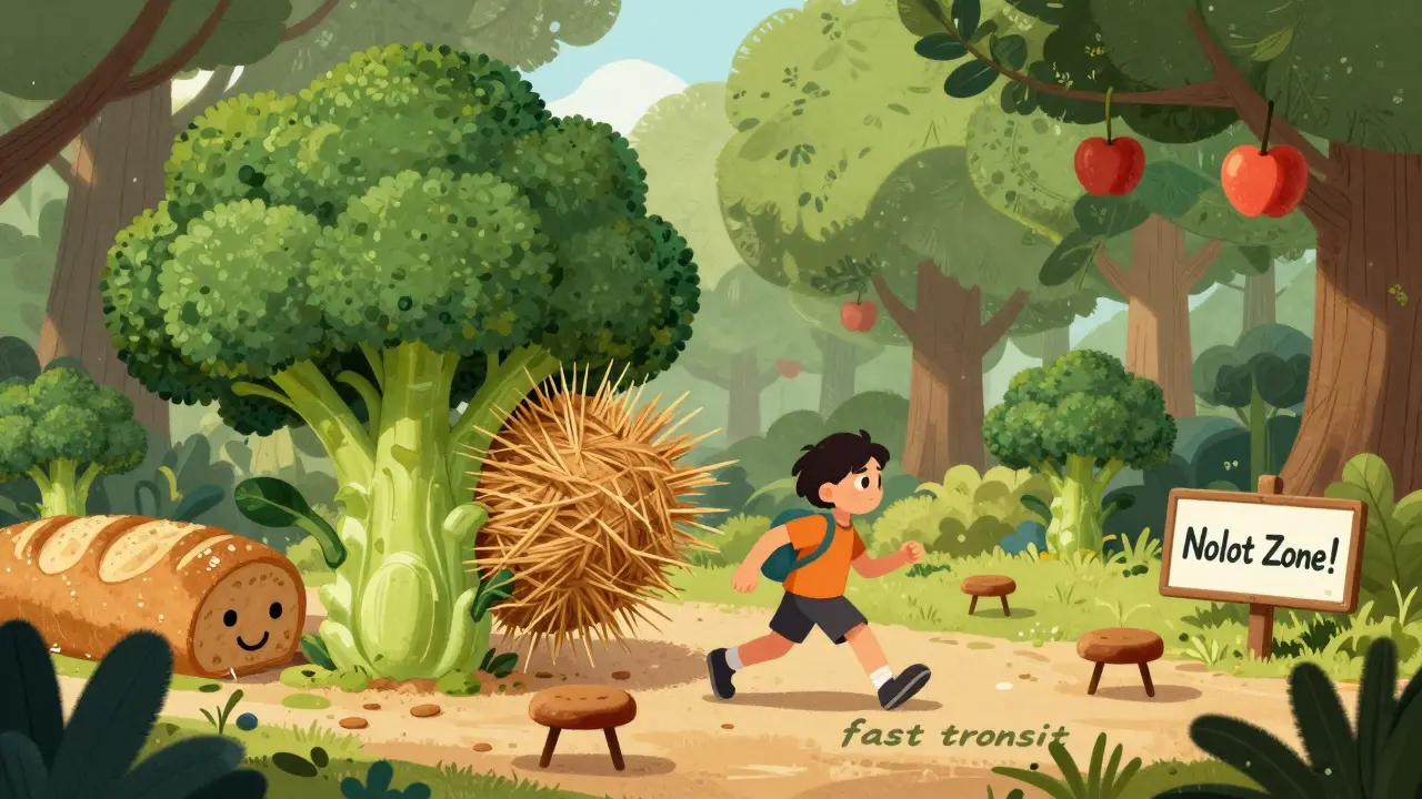 A character walking through a forest of whole foods, with rough fibers pushing them forward, representing fast digestion.