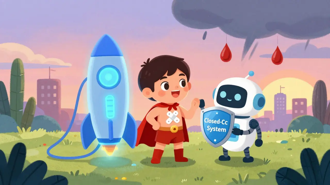 A child with a glucose monitor cape stands beside a rocket-shaped insulin pump, protected by a friendly robot.