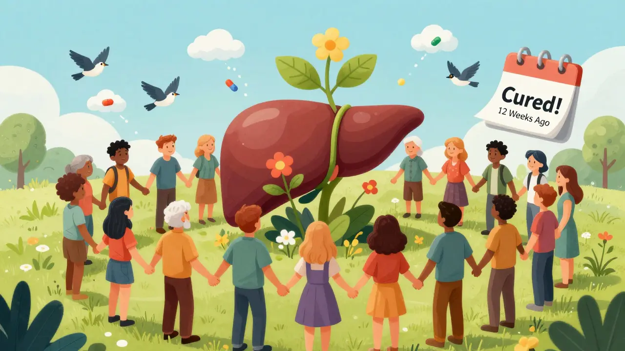 A circle of diverse people holding hands around a healing liver with flowers, symbolizing cure and hope.