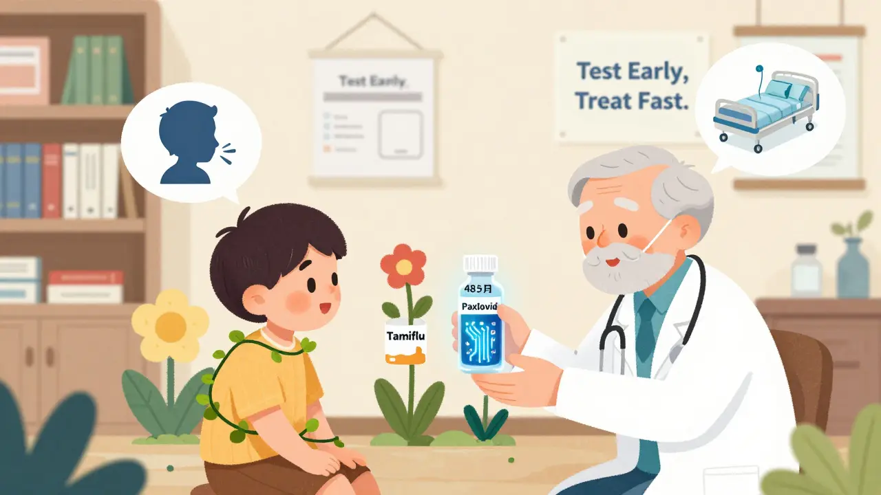 A doctor gives antiviral vials to a child and elder, with time-lapse flowers symbolizing treatment windows.