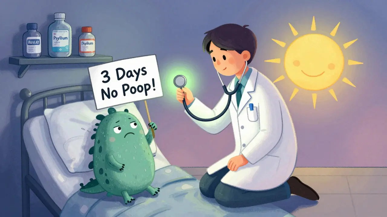 A doctor helping a patient with constipation, showing gentle remedies on a shelf.