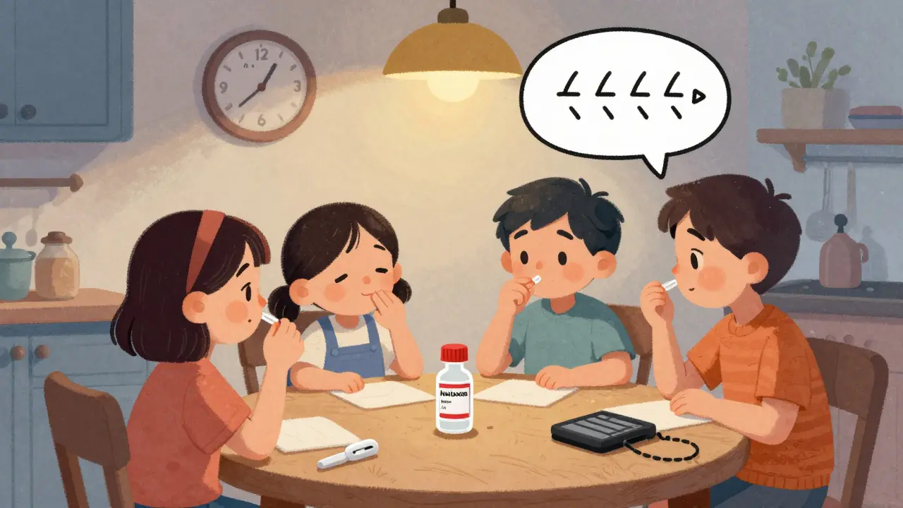 A family member counts breaths for a drowsy loved one at home, with naloxone visible on the table.