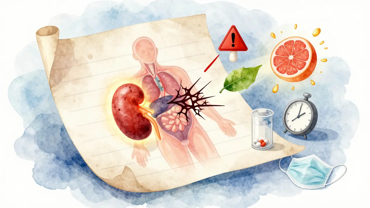 A floating medical chart showing drug interactions affecting a translucent body, with symbolic elements around it.