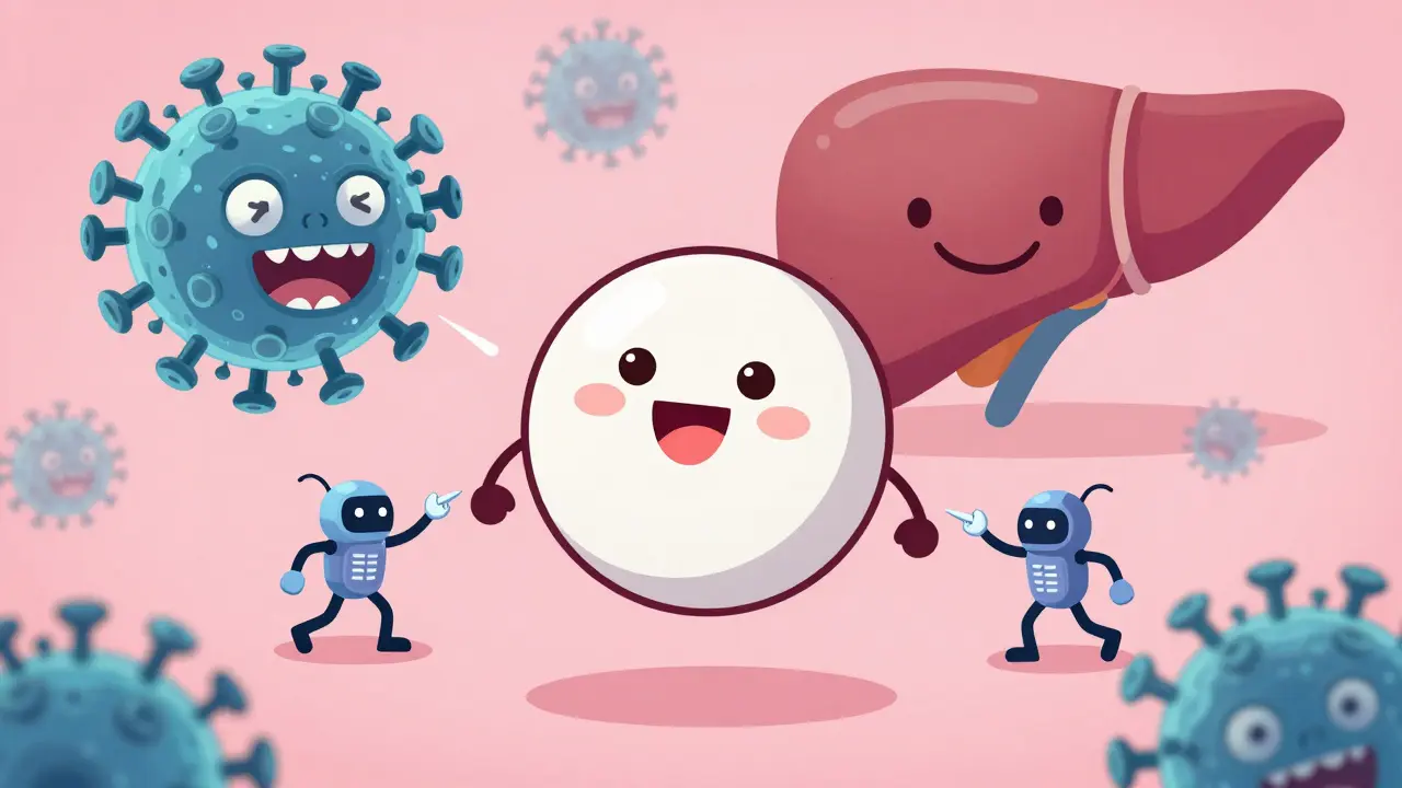 A friendly pill with molecular warriors attacking a hepatitis C virus, while the liver heals.