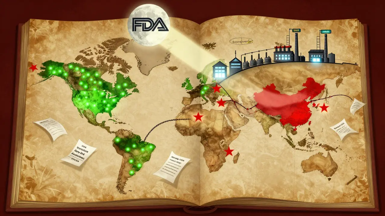 A global map shows Green List facilities glowing while red warnings explode over non-compliant regions.