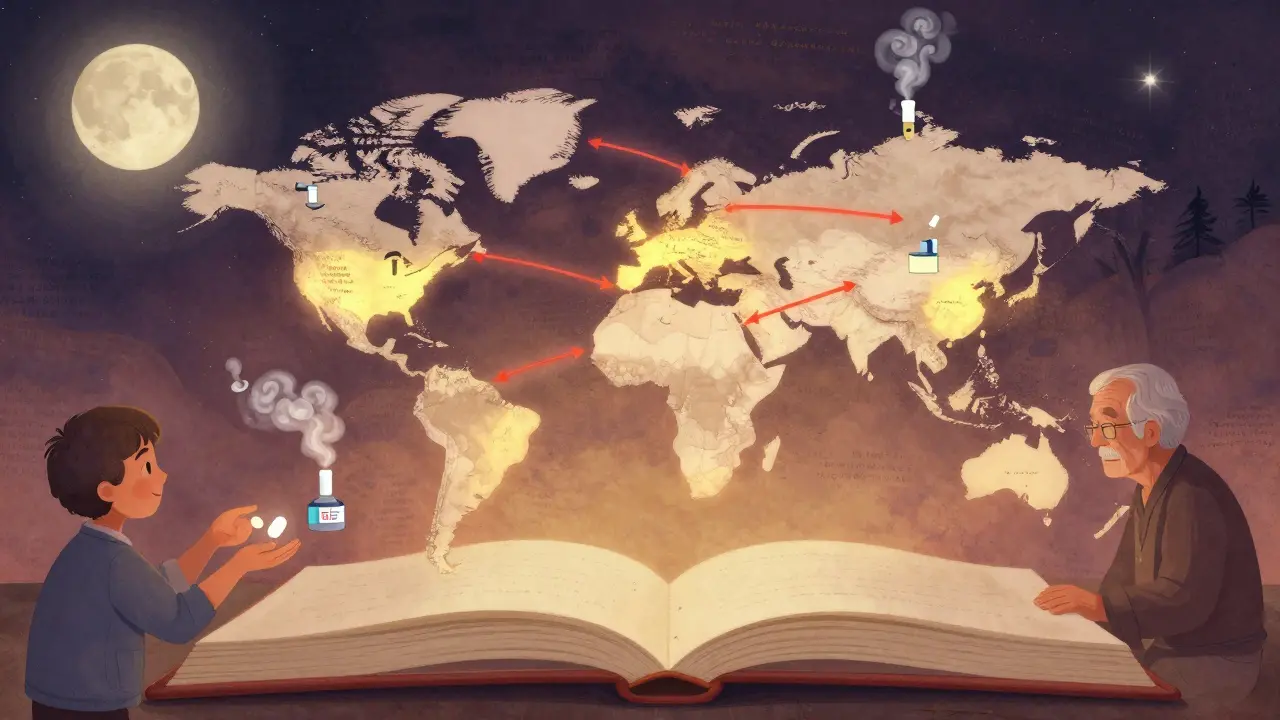 A global map shows medicine flowing from patent towers to clinics, with healing hands rising from factories.