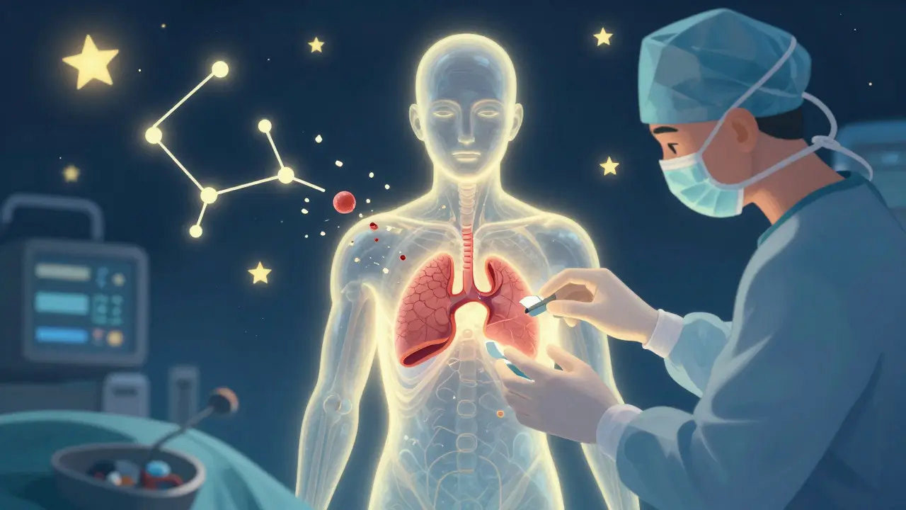 A glowing figure with a thymus being removed, surrounded by dissolving antibodies and floating stars, depicted in dreamlike storybook art.