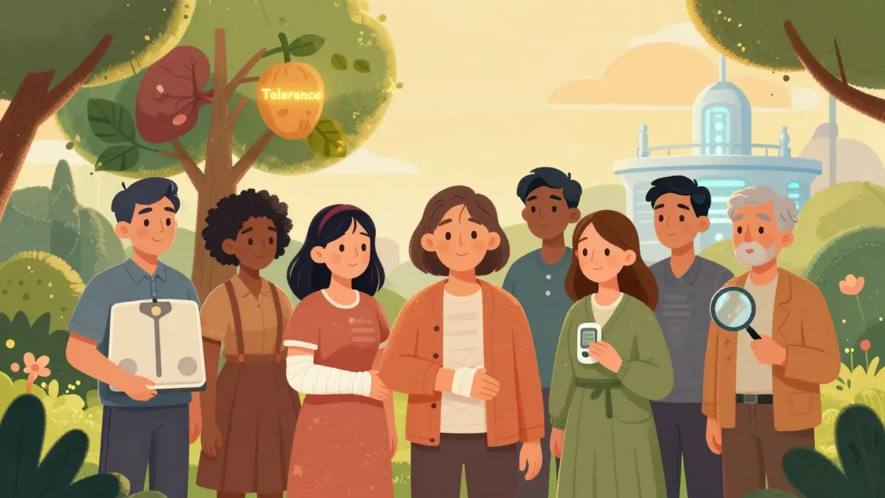 A group of transplant recipients in a garden, each holding symbols of their journey, with a tree bearing organ-shaped leaves.