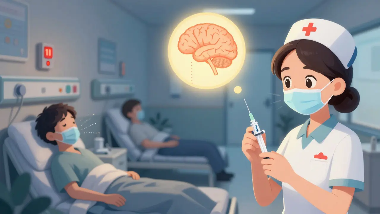 A hospital aide prepares to administer naloxone as multiple patients show signs of breathing failure.