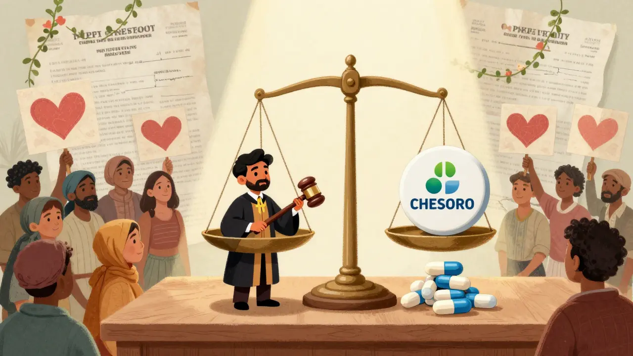 A judge balances a pharmaceutical logo against affordable pills in a symbolic courtroom scene.