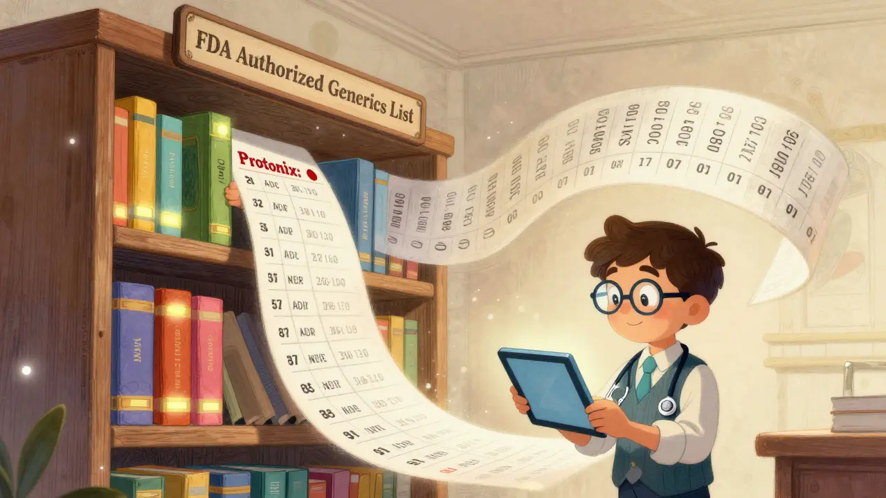 A librarian in a whimsical FDA library pulls a book from a seasonal shelf to verify an authorized generic's NDC code.