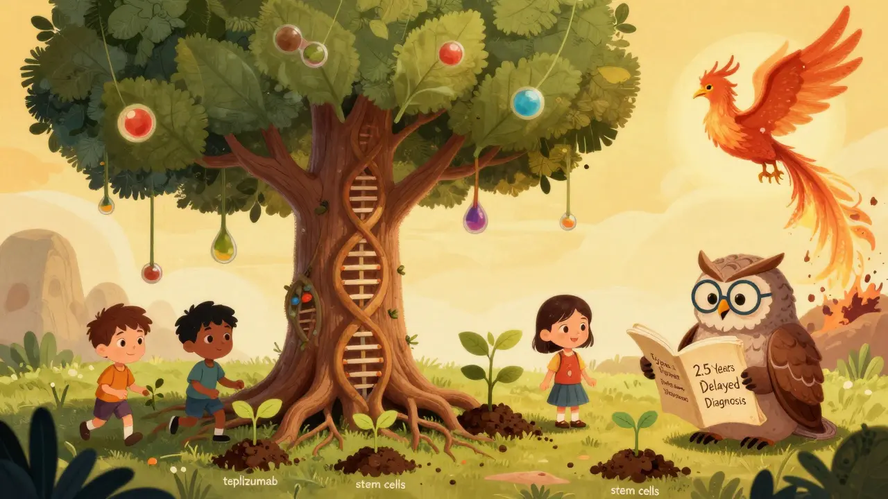 A magical DNA-rooted tree grows insulin leaves as children plant hope-filled seedlings under a rising beta cell phoenix.